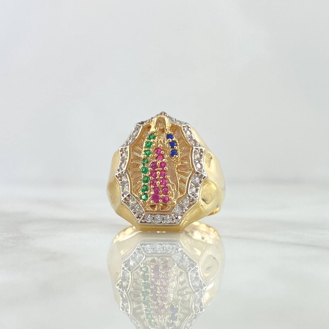 Anillo Virgen Guadalupe Silueta 6.2gr / T10 1/2 / Circones Blancos Verdes Fucsias Y Azules Oro Amarillo