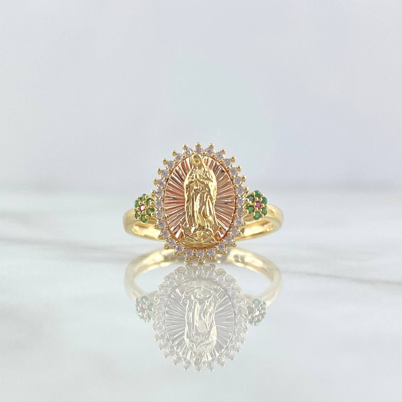 Anillo Virgen Guadalupe Flores 3.95gr / T8 / Circones Blancos Verdes Y Fucsias Dos Oros Amarillo Rosa