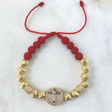 Pulsera Roja Cruz Cristo Basteado 12gr / 8mm Bolas Diamantadas - Circones Blancos Dos Oros Amarillo Rosa 18K *