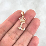 Dije Letra L Corona 1.5gr / 2.6cm / Circones Blancos Oro Rosa 18K