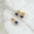 Set Circulo Halo - Dije 1.4cm + Topos 7mm 2.5gr / Circones Blancos - Azules Oro Amarillo 18K