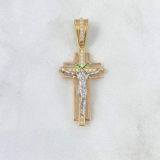 Dije Cruz Cristo Basteado 6.05gr / 4.8cm / Circones Blancos - Verdes Oro Amarillo 18K