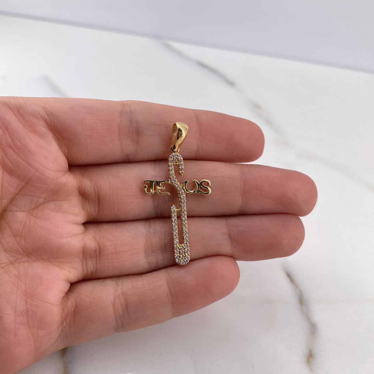 Dije Cruz Jesus 2.5gr / 3.7cm / Circones Blancos Oro Amarillo 18K #