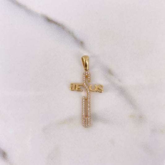 Dije Cruz Jesus 2.5gr / 3.7cm / Circones Blancos Oro Amarillo 18K #