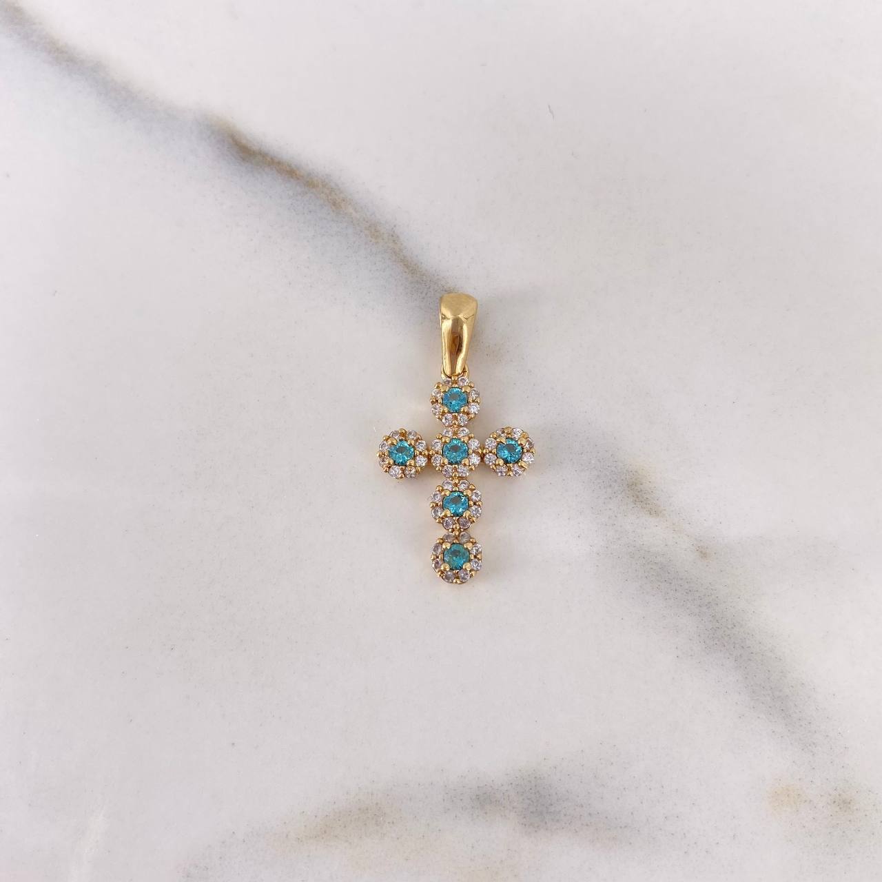 Dije Cruz Tupida 1.6gr / 2.3cm / Circones Blancos Azules Oro Amarillo 18K #