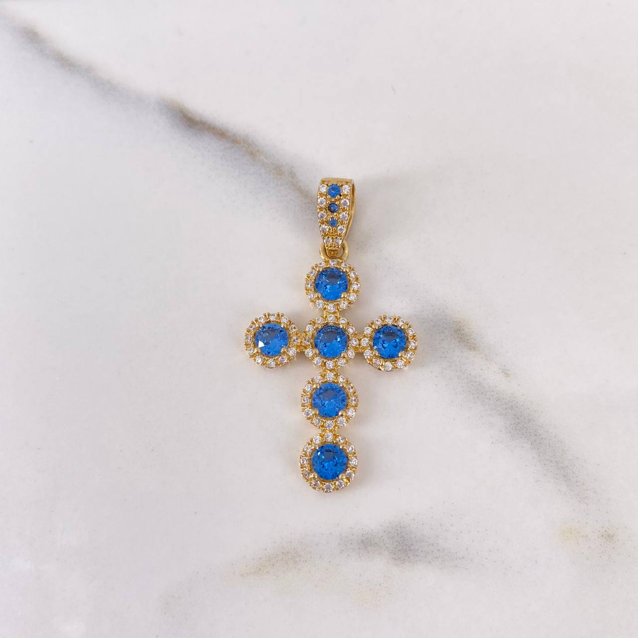 Dije Cruz Tupida 4.1gr / 3.8cm / Circones Blancos Azules Oro Amarillo 18K #