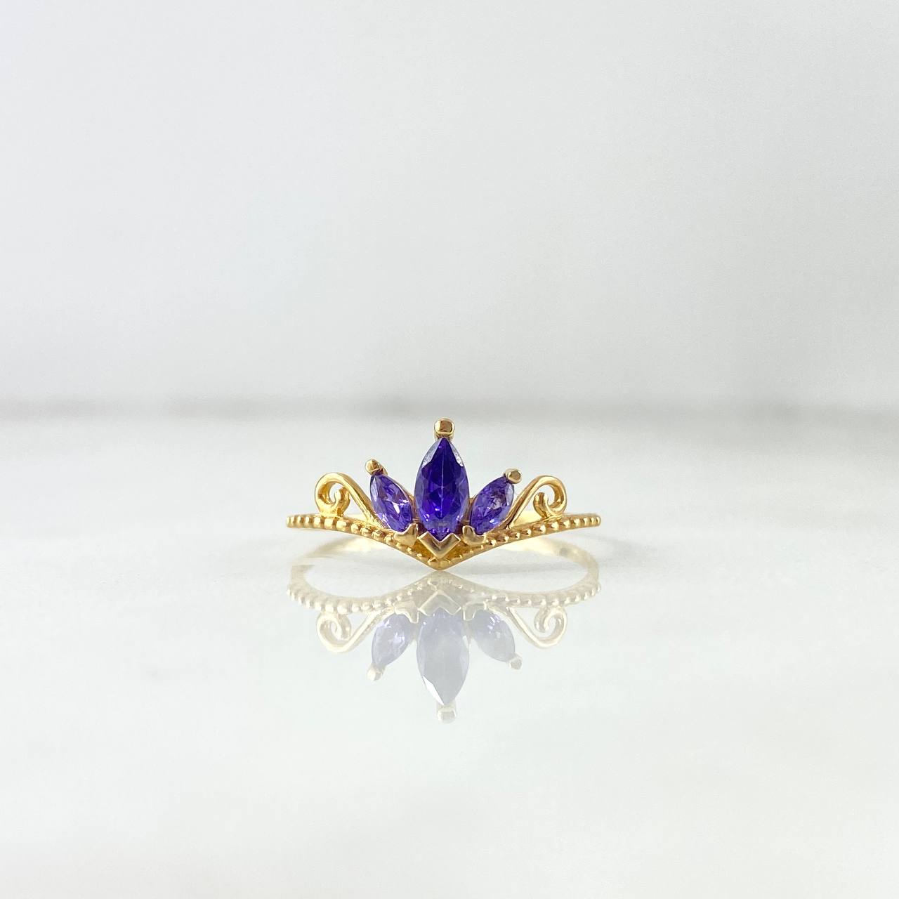 Anillo Tiara Corona 1.25gr / T7 1/4 / Puntos Circones Morados Oro Amarillo *