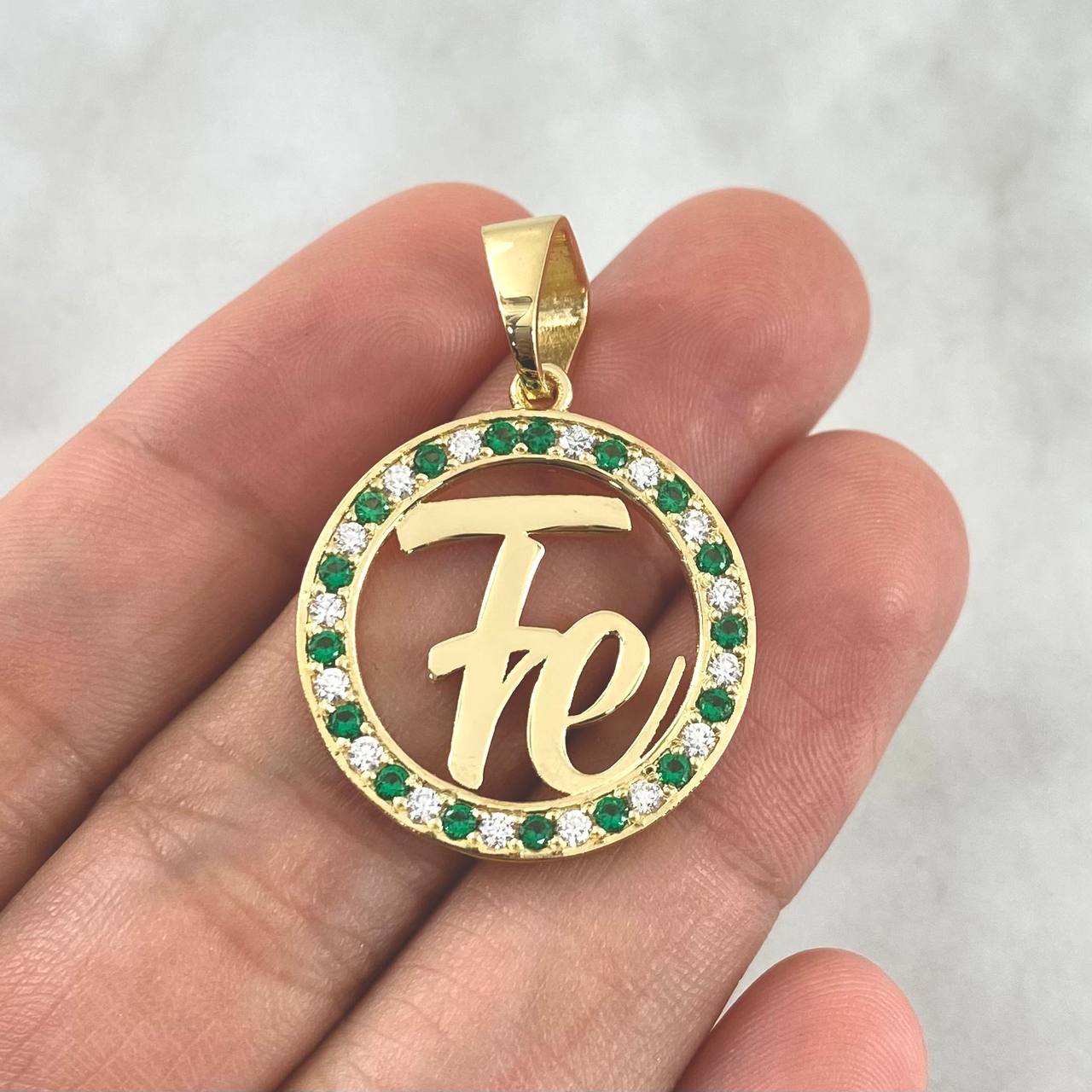 Fabricación Dije Aro Fe Personalizado 7gr / Circones Verdes Blancos Oro Amarillo 18K