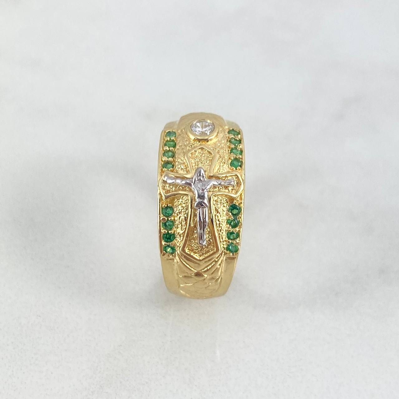 Anillo Cristo Cruz 4.75gr / T10 / Escamado Circones Verde Blanco Dos Oros Amarillo Blanco