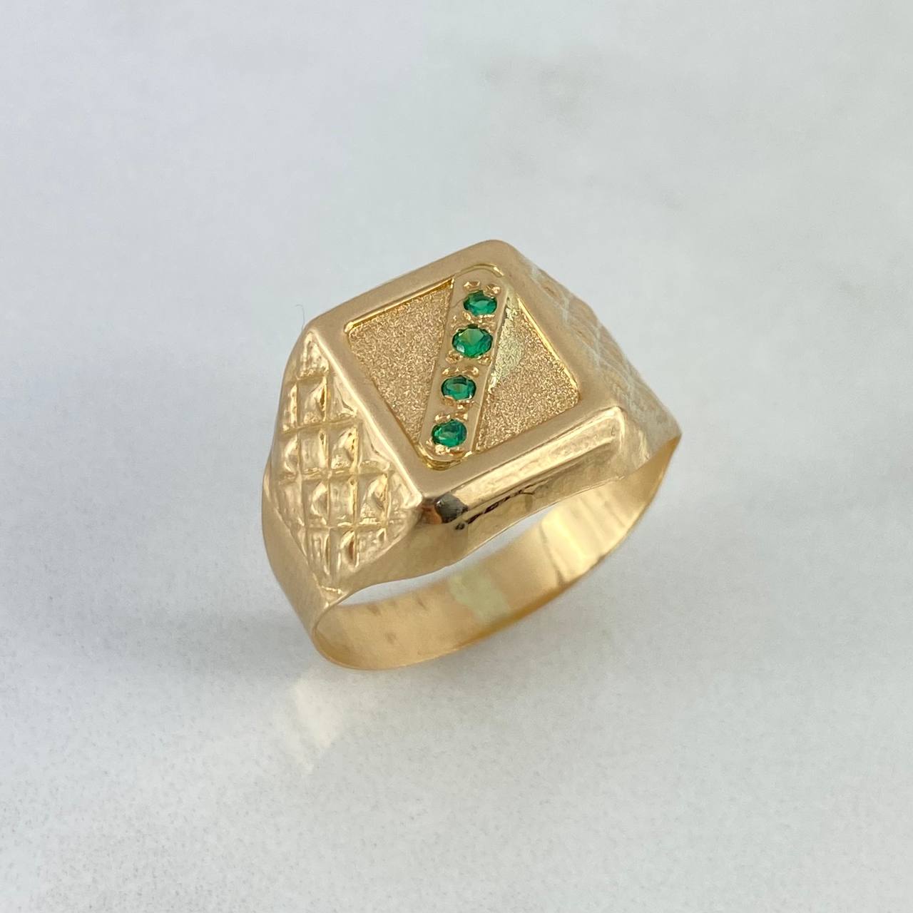 Anillo Sello Tetranity 2.7gr / T10 1/2 / Rectangular Texturizado Circones Verdes Oro Amarillo *