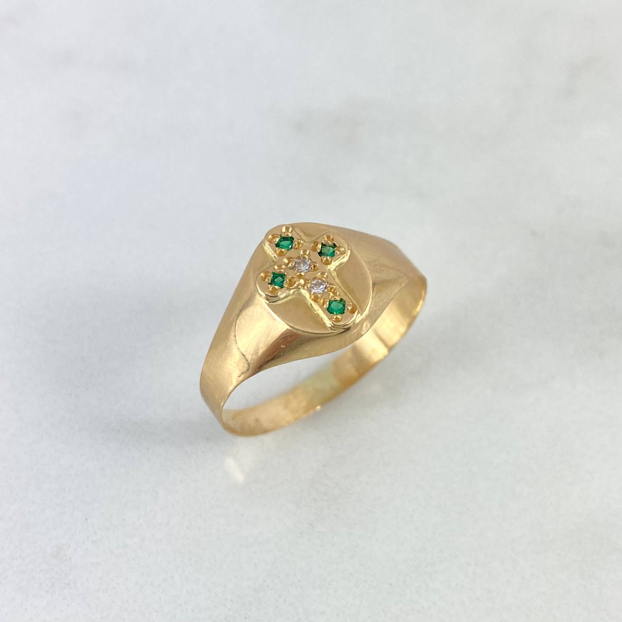 Anillo Sello Cruz 1.65gr / T10 1/4 / Circones Blancos Verdes Oro Amarillo