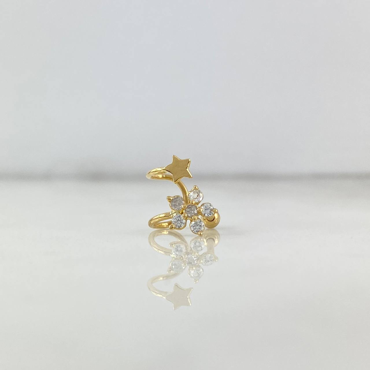 Piercing Earcuff Liso 1.3gr / 0.9cm / Estrella Floreada Circones Blancos Oro Amarillo (Joya) *