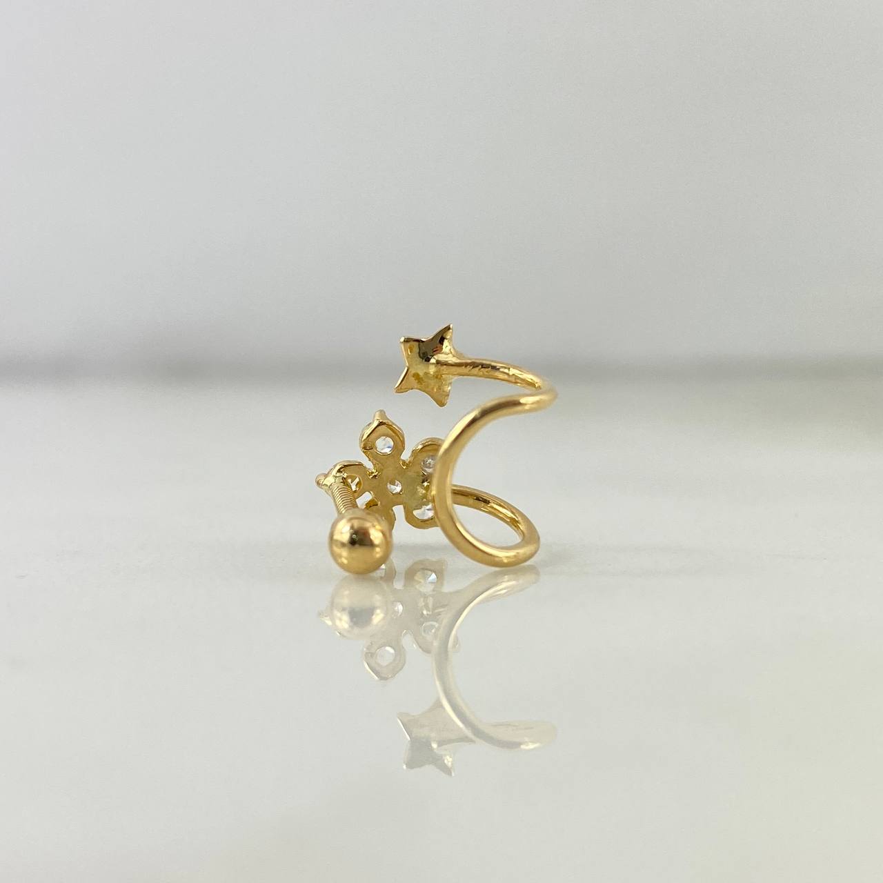 Piercing Earcuff Liso 1.3gr / 0.9cm / Estrella Floreada Circones Blancos Oro Amarillo (Joya) *