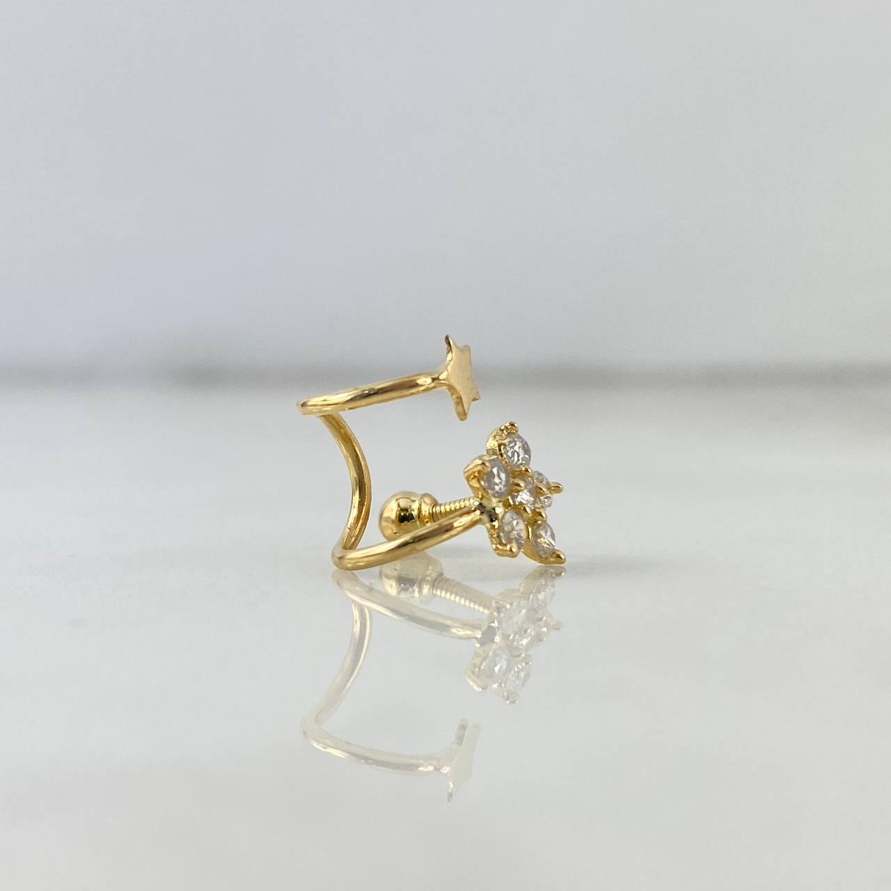 Piercing Earcuff Liso 1.3gr / 0.9cm / Estrella Floreada Circones Blancos Oro Amarillo (Joya) *