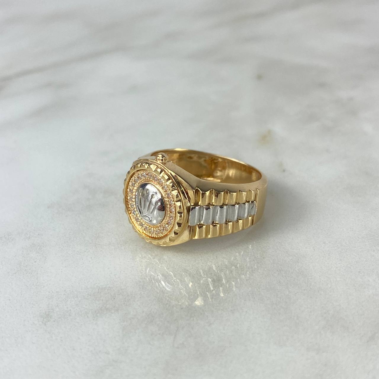 Anillo Corona RX Cinturón Circular 9.3gr / T10 1/4 / Circones Blancos Dos Oros Amarillo Blanco