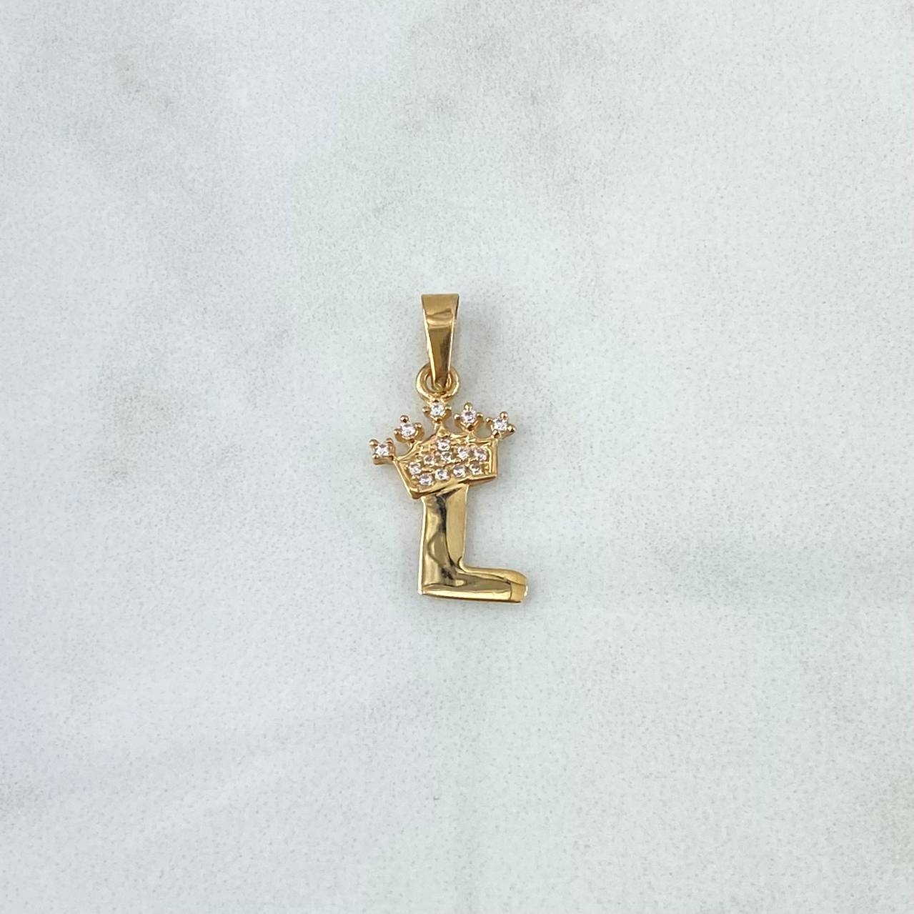 Dije Letra L Corona 0.85gr / 2.3cm / Circones Blancos Oro Amarillo 18K