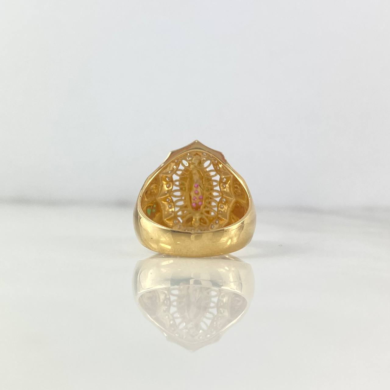 Anillo Virgen Guadalupe Filigrana 6.4gr / T6 1/2 / Circones Blancos Fucsias Verdes Dos Oros Amarillo Blanco