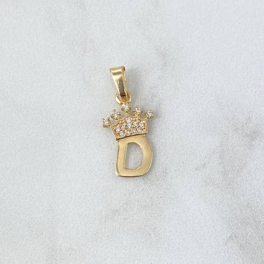 Dije Letra D Corona 0.9gr / 2.3cm / Circones Blancos Oro Amarillo 18K