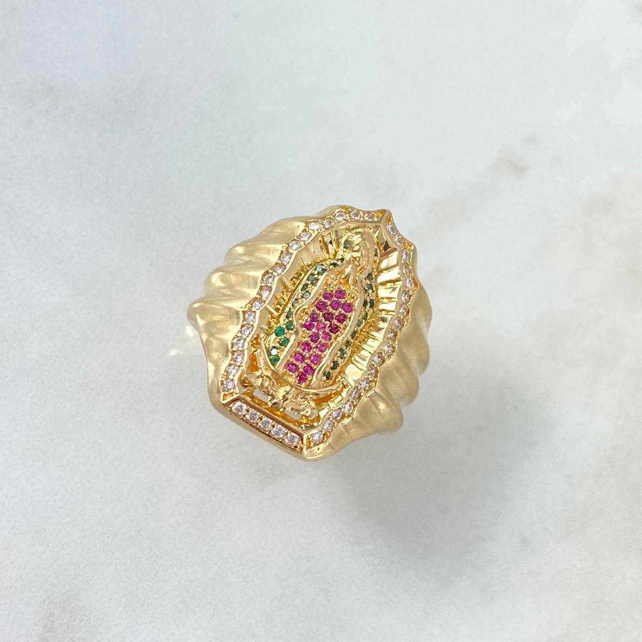 Anillo Virgen Guadalupe Silueta 12.45gr / T12 / Circones Blancos Fucsias Verdes Oro Amarillo *