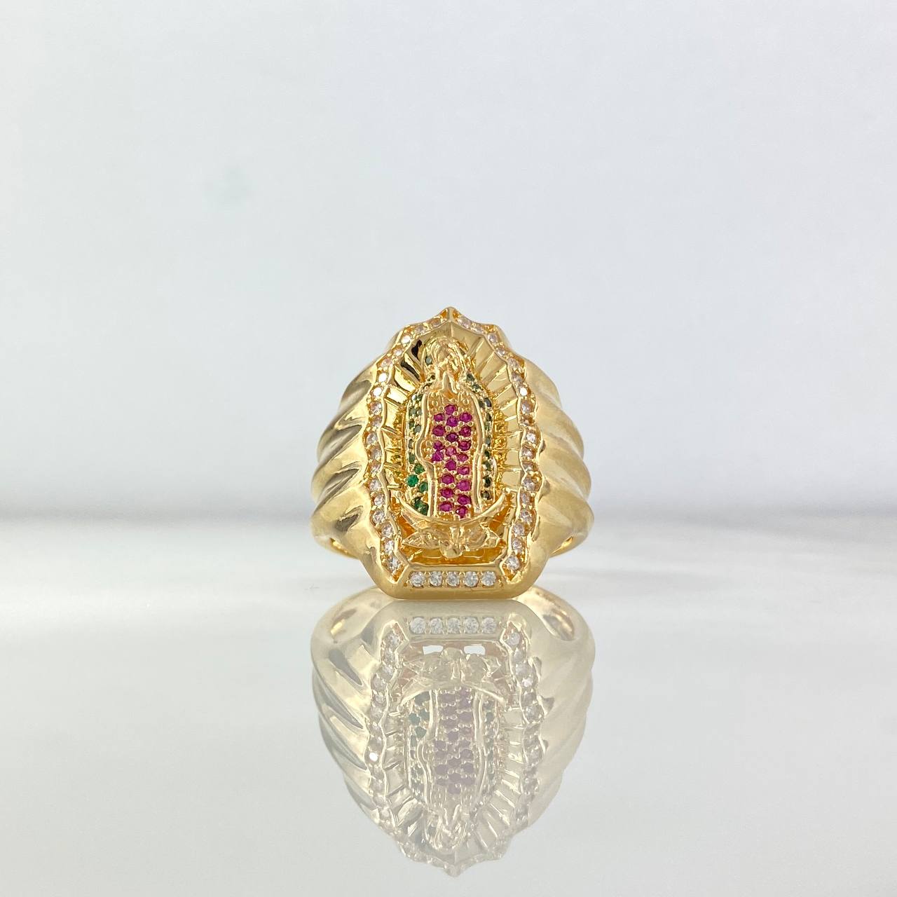 Anillo Virgen Guadalupe Silueta 12.45gr / T12 / Circones Blancos Fucsias Verdes Oro Amarillo *