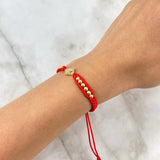 Pulsera Roja Hamsa Mini 1.25gr / 3mm Bolas Lisas 12 und Circones Blancos Oro Amarillo *