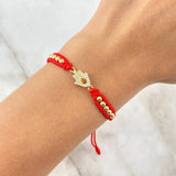 Pulsera Roja Hamsa Mini 1.25gr / 3mm Bolas Lisas 12 und Circones Blancos Oro Amarillo *