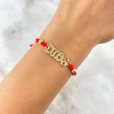 Pulsera Roja Dios 2.2gr / 4mm Bolas Diamantadas 6 und Circones Blancos Dos Oros Amarillo Rosa *