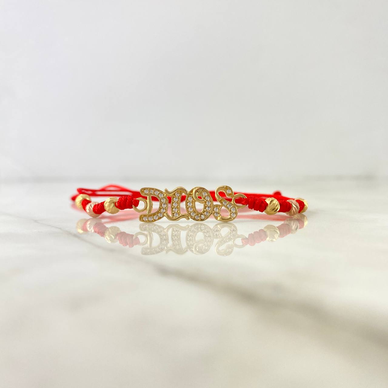 Pulsera Roja Dios 2.2gr / 4mm Bolas Diamantadas 6 und Circones Blancos Dos Oros Amarillo Rosa *