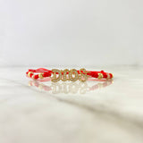 Pulsera Roja Dios 2.2gr / 4mm Bolas Diamantadas 6 und Circones Blancos Dos Oros Amarillo Rosa *