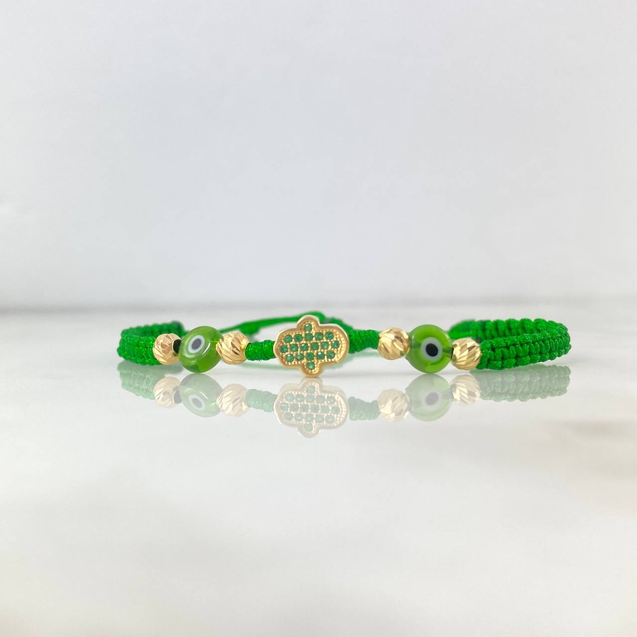 Pulsera Verde Hamsa Tridimensional 1.4gr / 4mm Bolas Diamantadas 4 und Circones Verdes Oro Amarillo *