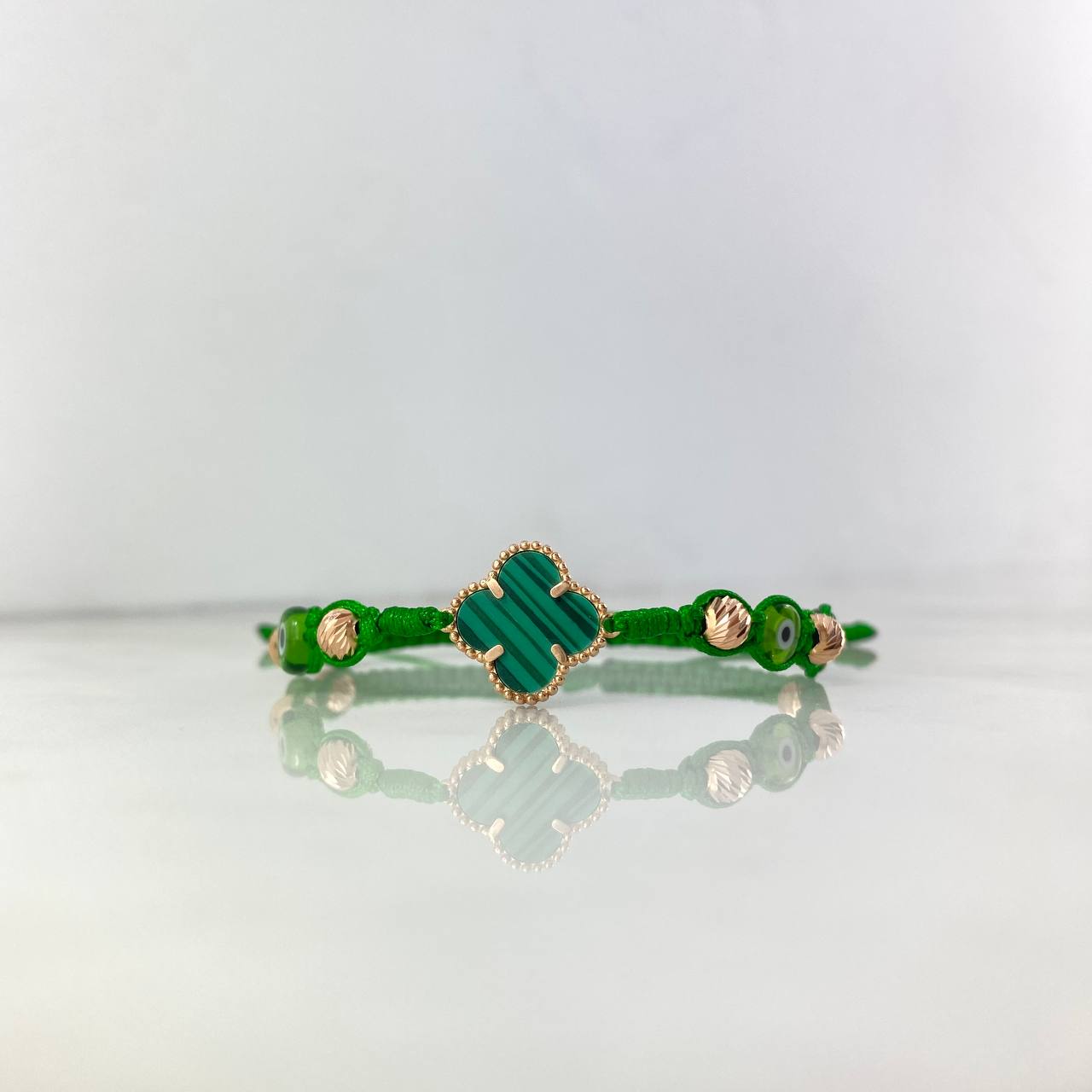 Pulsera Verde Trebol VCyA Malaquita Verde 2.35gr / 1.6cm / 5mm Bolas Diamantadas 6 und Oro Rosa +4 *