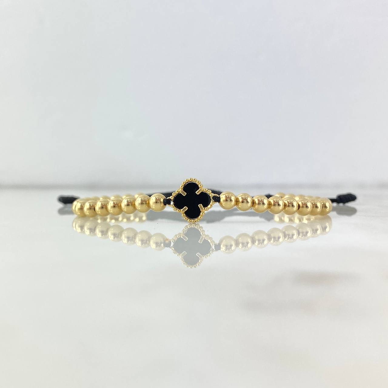 Pulsera Negra Trebol VCyA Agata Negra 3.45gr / 1.3cm / 4mm Bolas Lisas 30 und Oro Amarillo +4 *