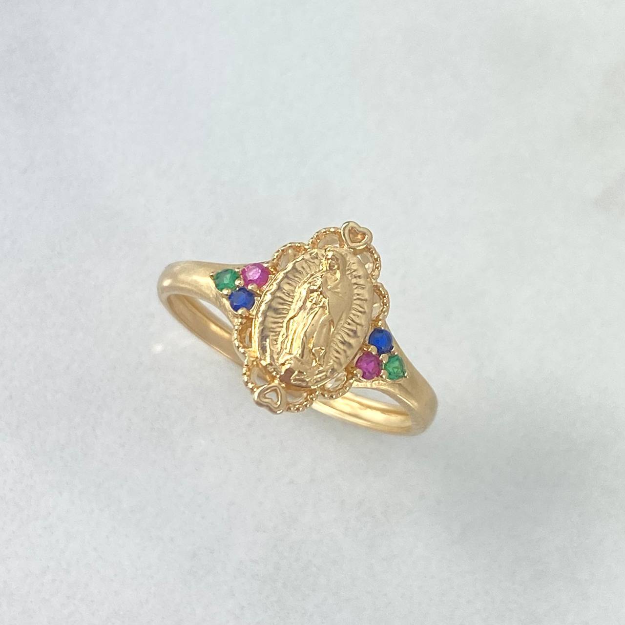 Anillo Virgen Guadalupe Flor 2.45gr / T7 1/2 / Ovalo Circones Verde Fucsia Azul Oro Amarillo