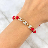 Pulsera Roja GC Espiral Rayada 2.25gr / 3.1cm / 5mm Bolas Diamantadas 2 und Circones Blancos Oro Amarillo *