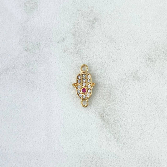 Herraje Mano Hamsa 0.5gr / 1.4cm / Circones Blancos Y Fucsia Oro Amarillo 18K