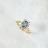 Anillo Solitario Halo Ovalado 3.35gr / T7 / Circon Celeste Blancos Oro Amarillo *