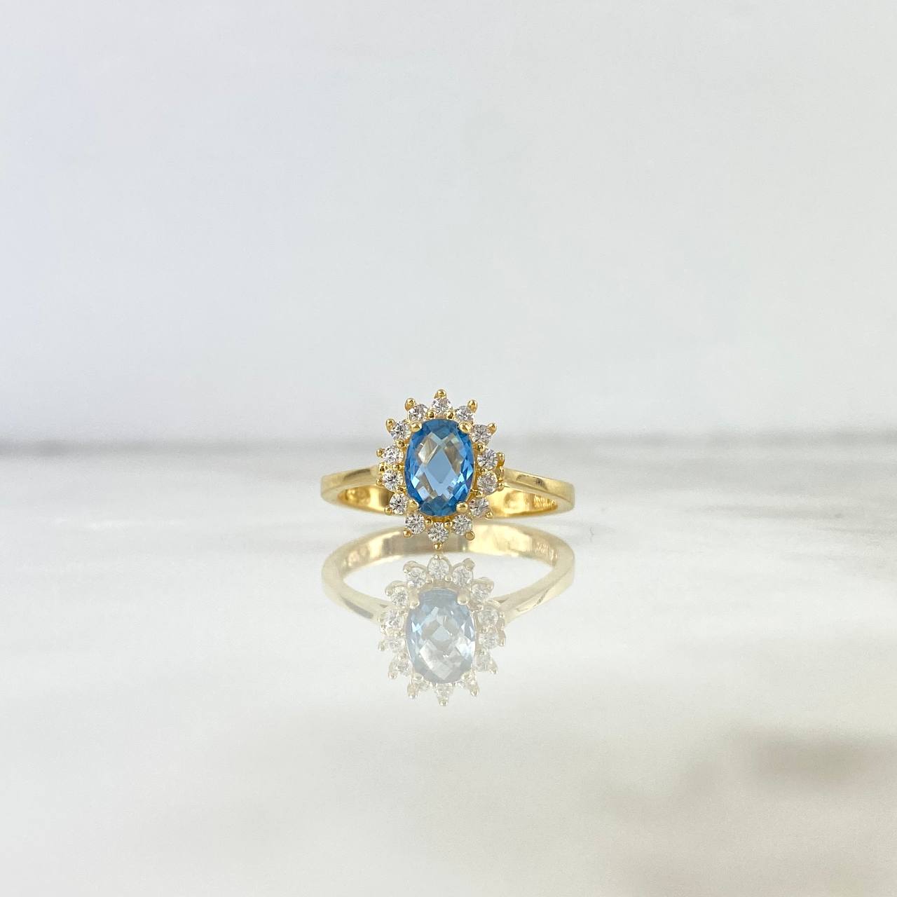 Anillo Solitario Halo Ovalado 3.35gr / T7 / Circon Celeste Blancos Oro Amarillo *