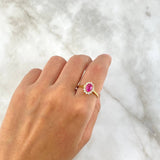 Anillo Solitario Halo Ovalado 3.25gr / T7 1/2 / Circon Fucsia Blancos Oro Amarillo *