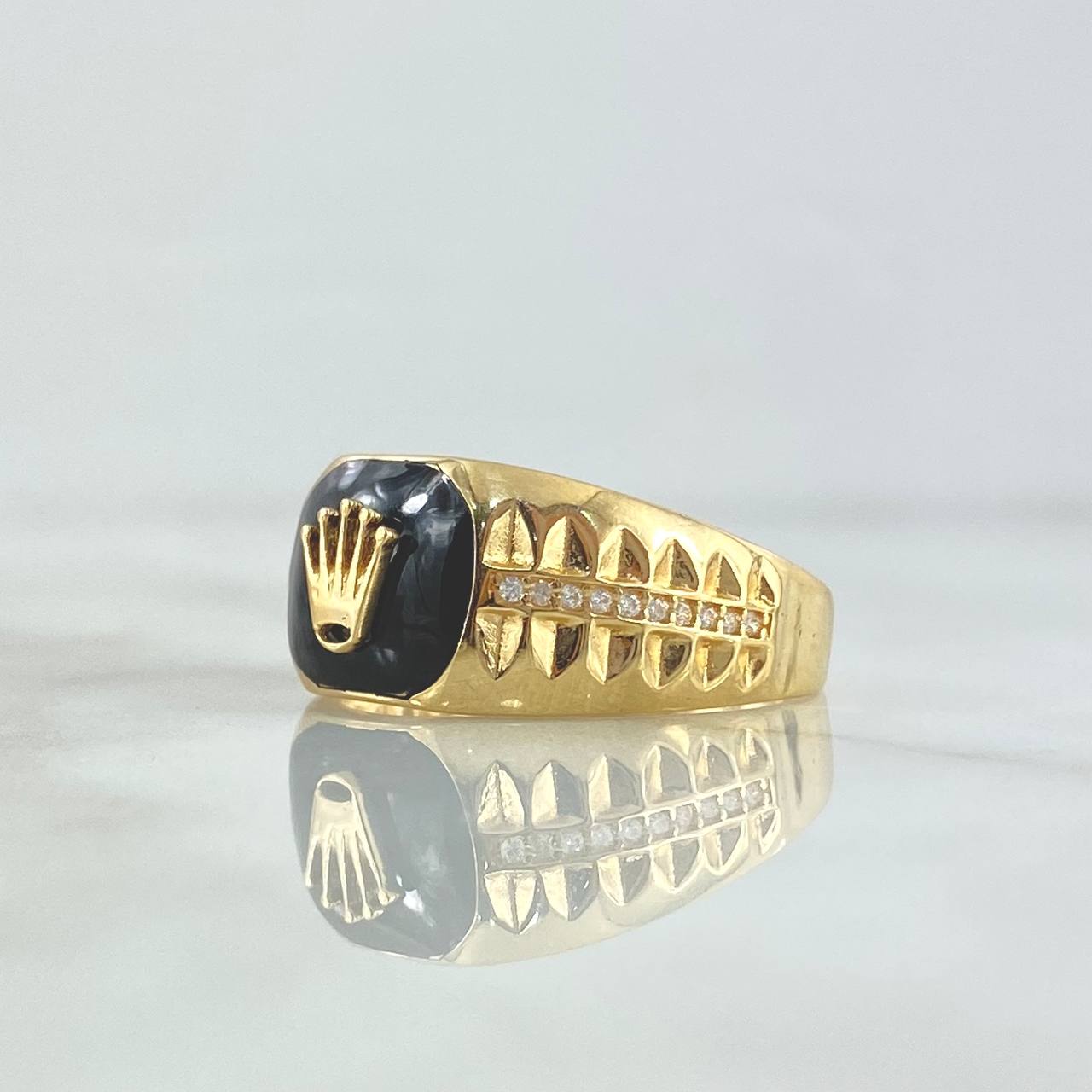 Anillo Sello Corona Rayado 3.9gr / T10 1/4 / Resina Negra Circones Blancos Oro Amarillo 18K *