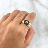 Anillo Sello Corona Rayado 3.9gr / T10 1/4 / Resina Negra Circones Blancos Oro Amarillo 18K *