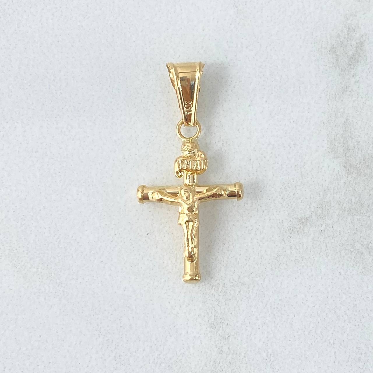 Dije Cruz Cristo 0.75gr / 2.6cm / Baston Cargador Liso Oro Amarillo 18K *