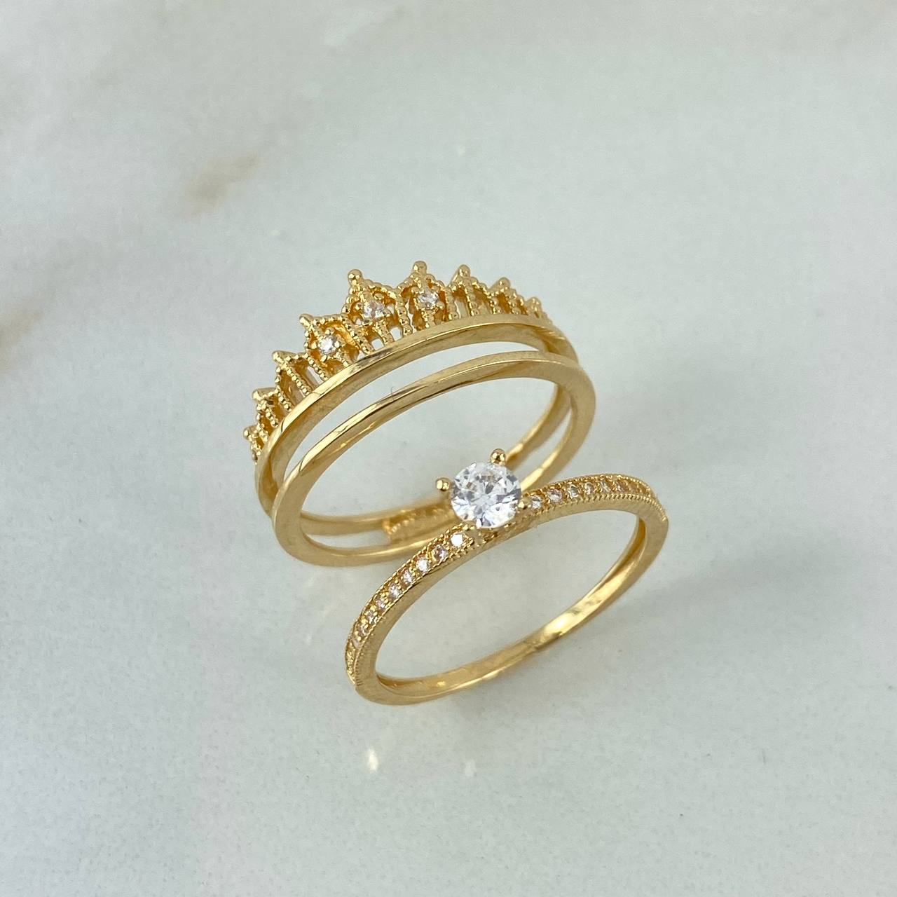 Anillo Corona Real Doble Solitario 5gr / T7 3/4 / Circones Blancos Oro Amarillo