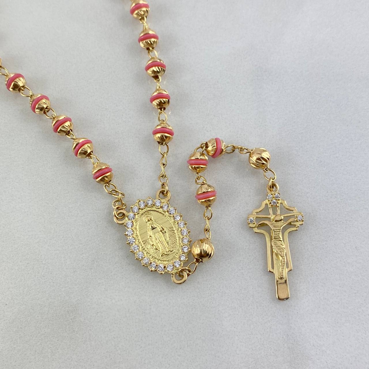 Rosario Virgen Milagrosa 12.45gr / 50cm / 3-4mm Bolas Diamantadas-Cauchos Rosa-Circones Blancos Oro Amarillo