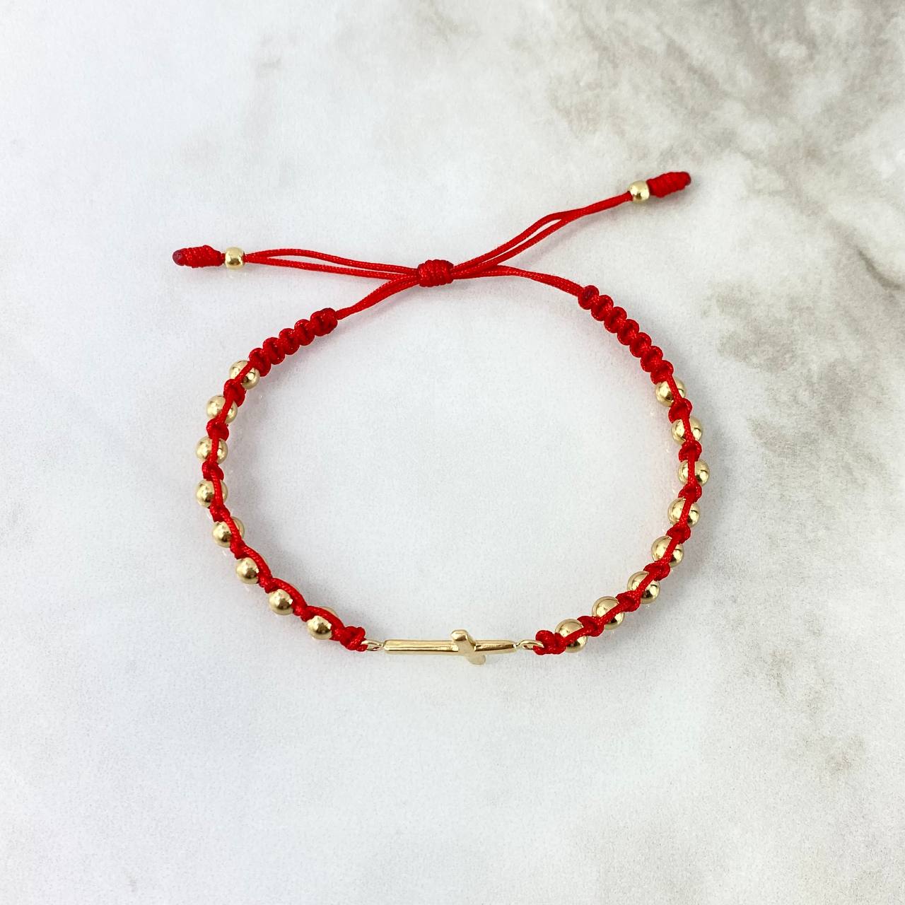 Pulsera Roja Cruz Plana 1.9gr / 4mm-3mm Bolas Lisas 18 und Oro Amarillo *