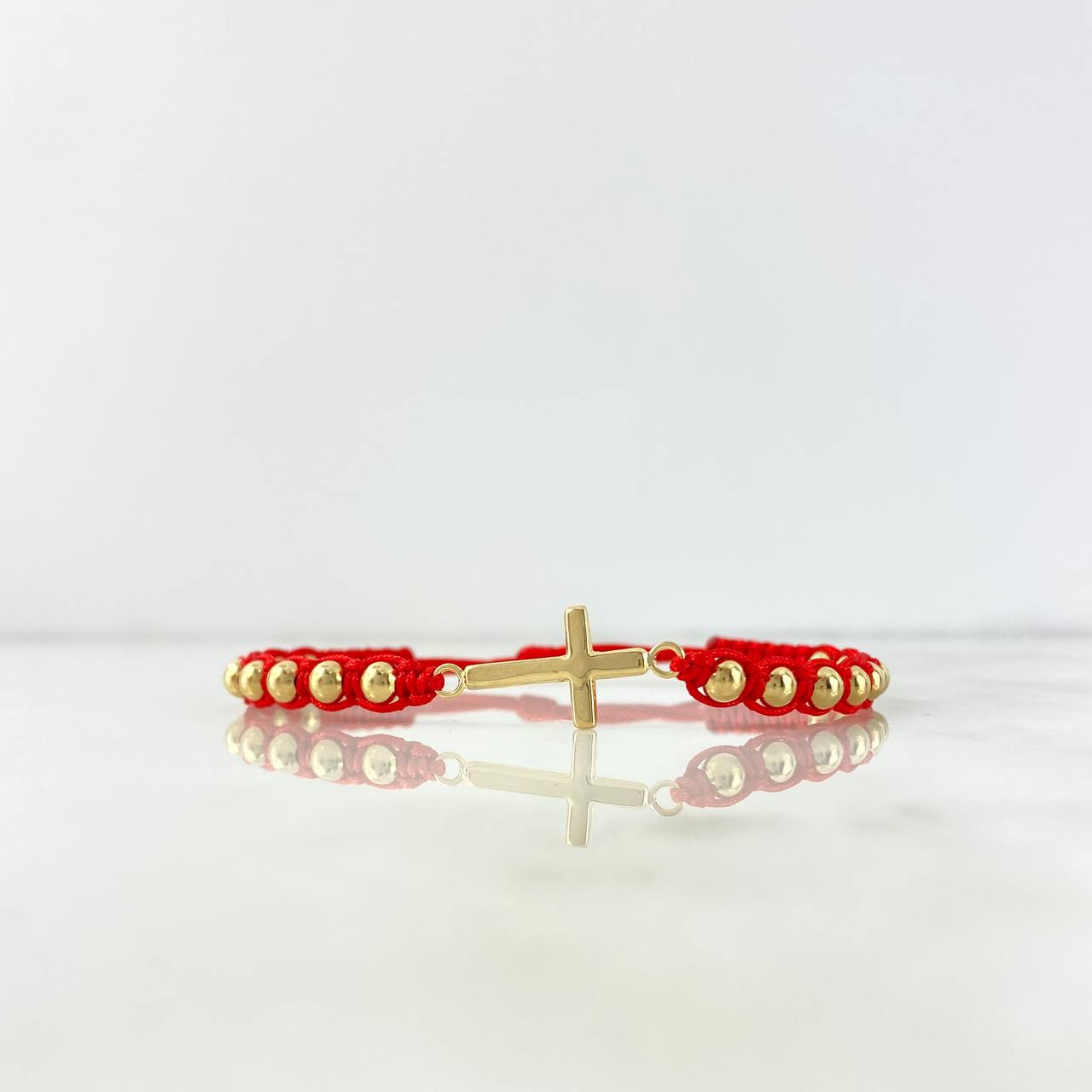 Pulsera Roja Cruz Plana 1.9gr / 4mm-3mm Bolas Lisas 18 und Oro Amarillo *