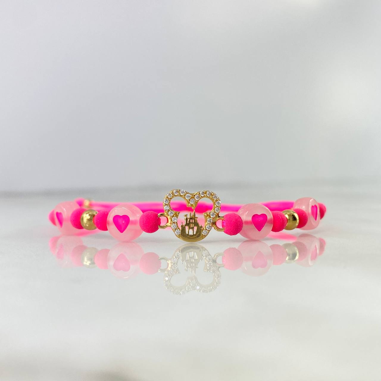 Pulsera Fucsia Raton Castillo Corazonado 0.95gr / 4mm-3mm Bolas Lisas 4 und Circones Blancos Oro Amarillo *