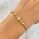 Pulsera Caqui Cruz Mini Plana 0.55gr / 4mm-3mm Bolas Lisas 4 und Oro Amarillo *