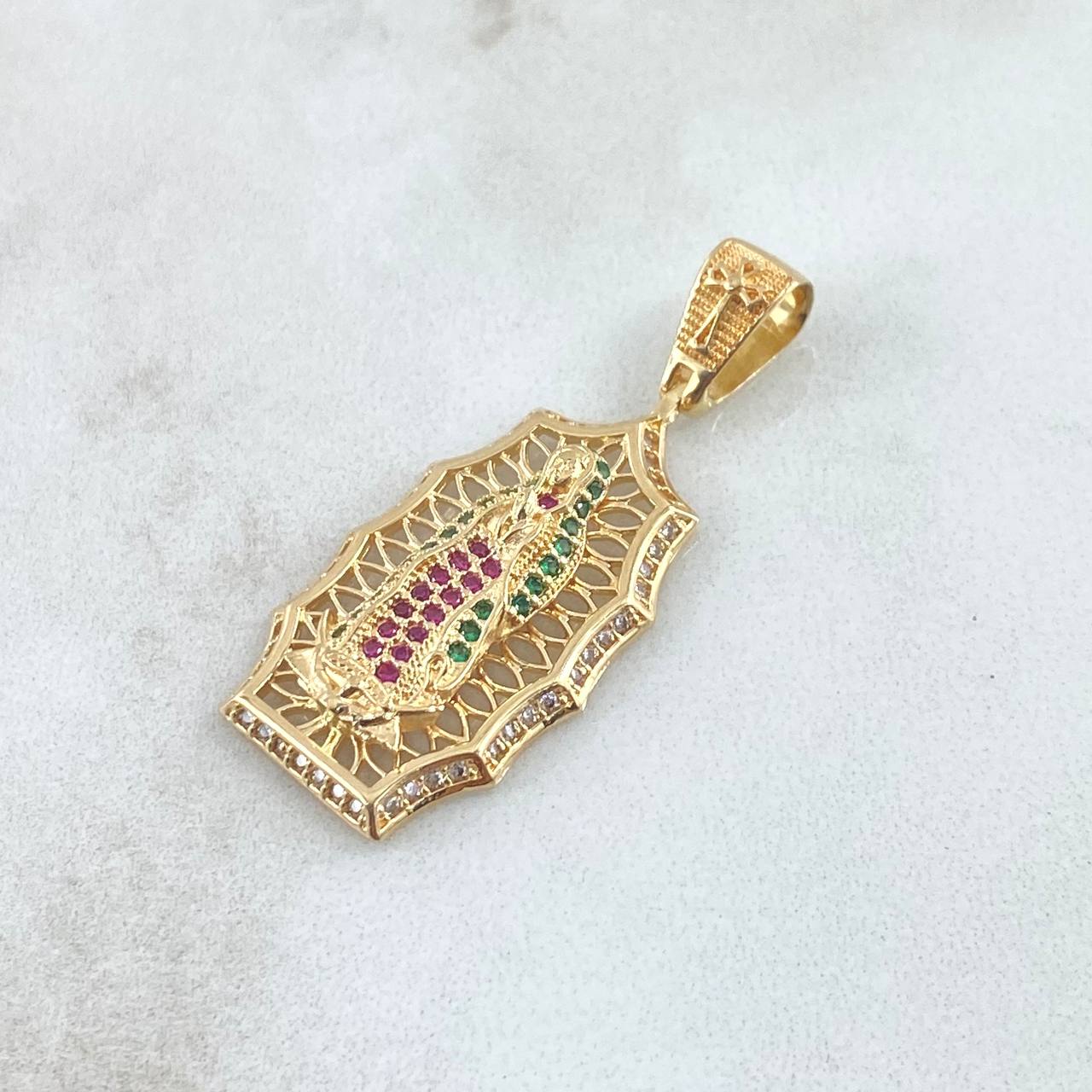 Dije Virgen Guadalupe Silueta  4.65gr / 3.5cm / Circones Blancos Verdes Fucsia Oro Amarillo 18K *