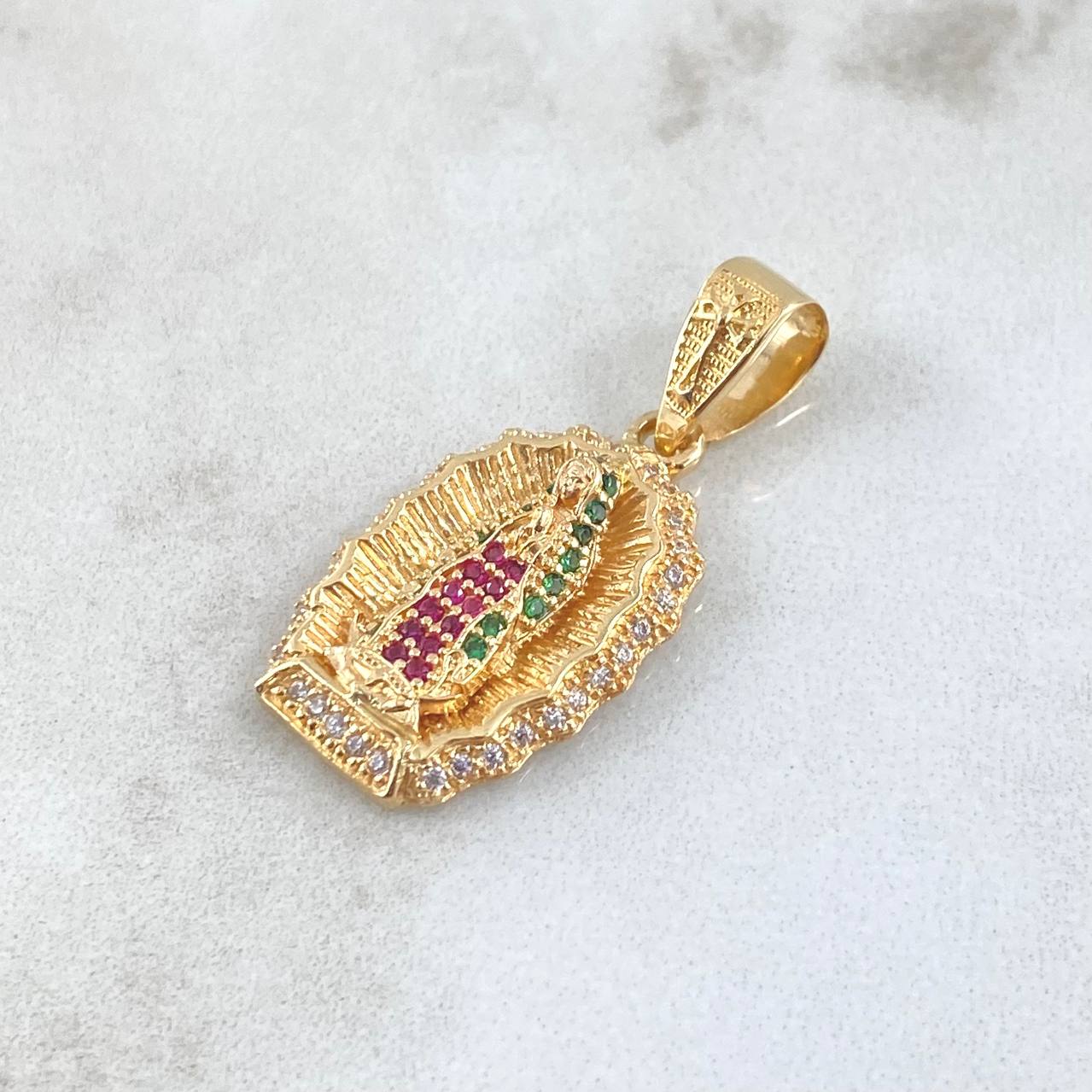 Dije Dije Virgen Guadalupe Silueta 3.8gr / 3.5cm / Circones Blancos Verdes Fucsia  Oro Amarillo 18K