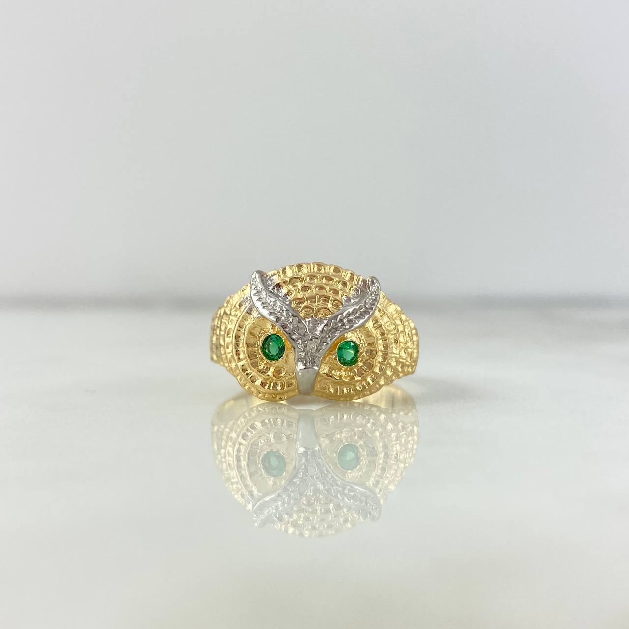 Anillo Búho 6.6gr / T9 1/2 / Circones Blancos-Verdes Oro Amarillo